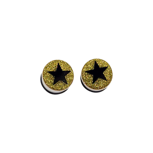 Pair of Acrylic O-ring Ear Plugs Gauges Black Star Gold Glitter Design