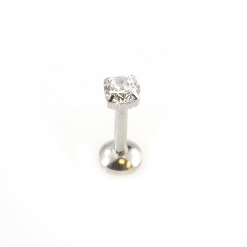 Push In Labret Threadless with Prong Setting Cubic Zirconia 16G