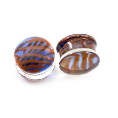 Pair of Ear Plugs Colorful Blue and Red Stripe design Made of Glass Double Flare