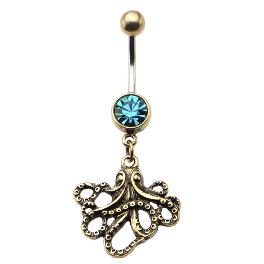 Octopus Belly Ring Antique Brass Dangle Charm Blue CZ Surgical Steel 14G 11mm