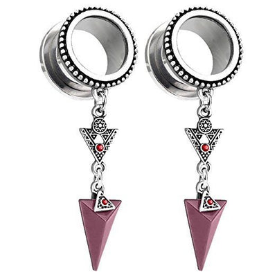 Pair of Surgical Steel Screw Fit Double Flared Ear Plugs w/ Triangle Dangle