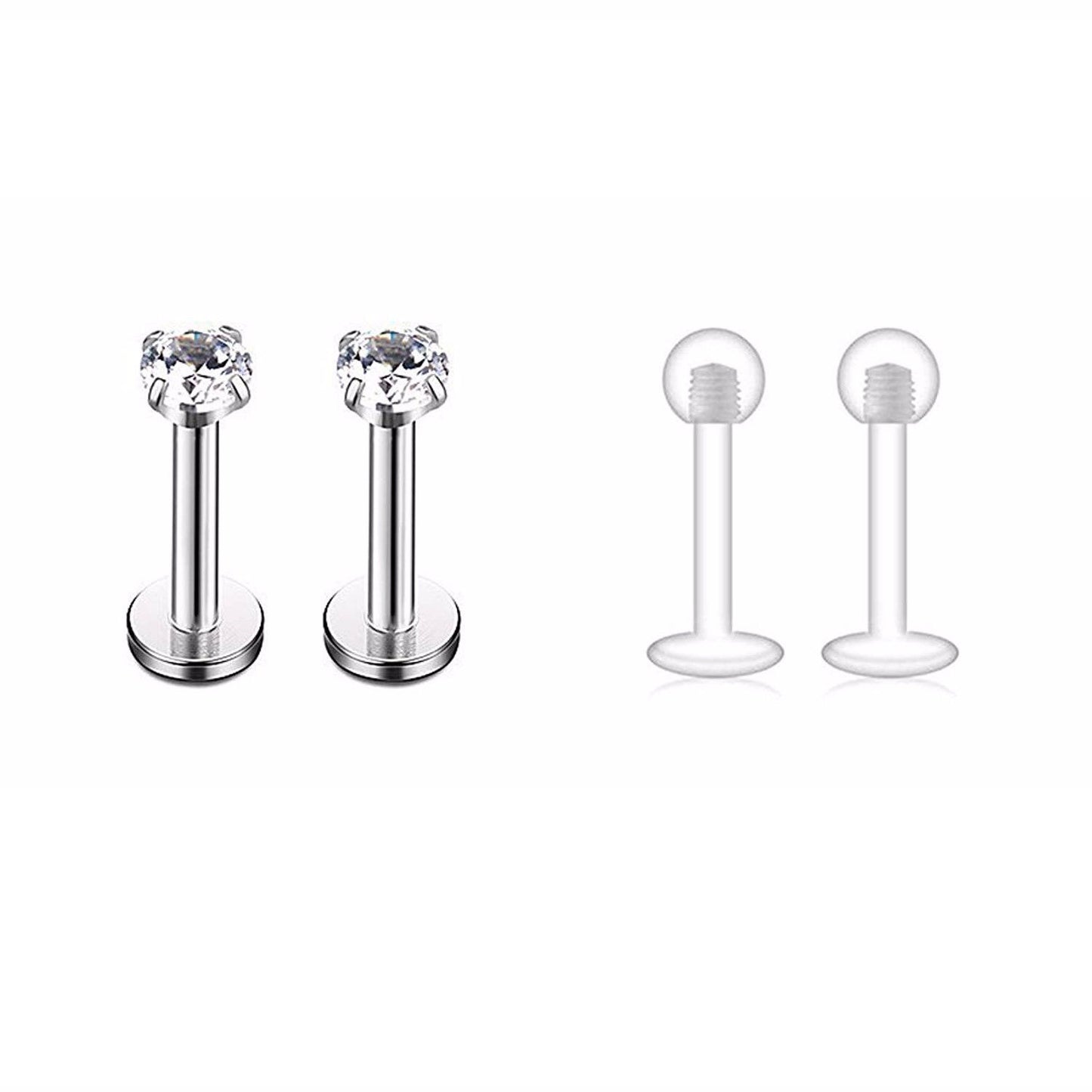 Labret Jewelry set of 4 Two with Jewel and Two Retainers 16g