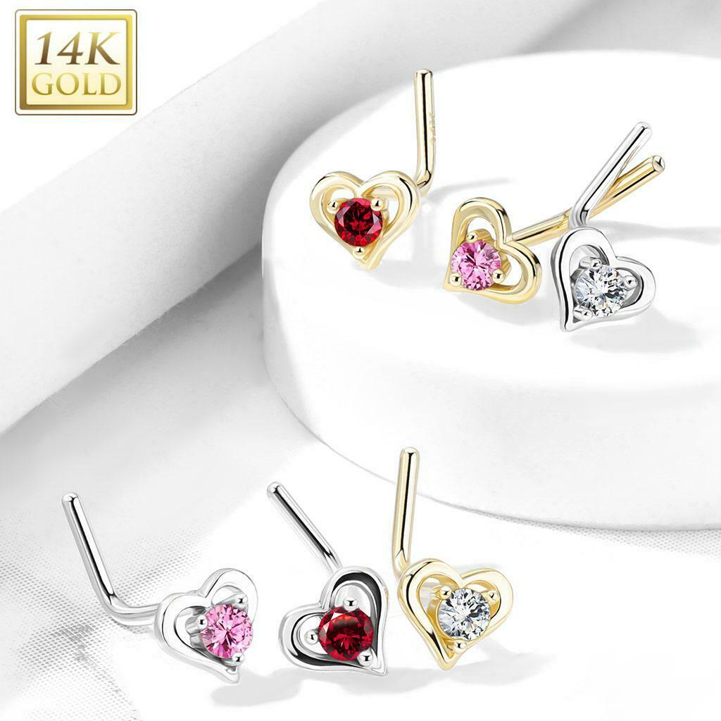 Nose Ring L-Bend with Prong Set Round CZ Center Hollow Heart 14Kt Solid Gold 20g