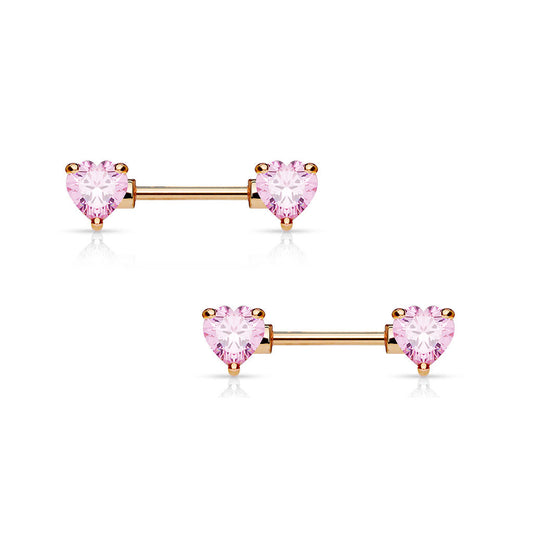 Pair of Rose Gold Nipple Barbells 14G Surgical Steel with Heart Shaped CZ Gems