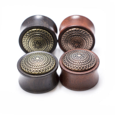 Organic Ear Plugs - Lattice Brass Inlay Wood Saddle Fit Double Flare Plugs