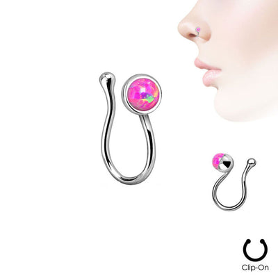 Fake Non-Piercing Nose Clip - Rhodium Plated with Bezel-Set Opalite - Sold Each