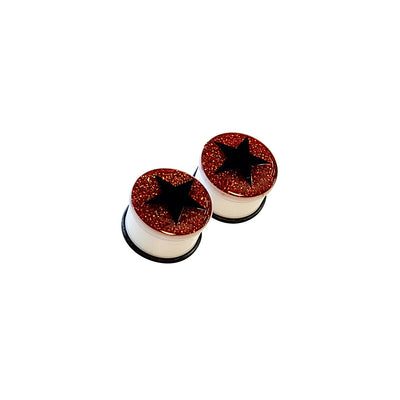 Pair of Acrylic O-ring Ear Plugs Gauges Black Star Red Glitter Design