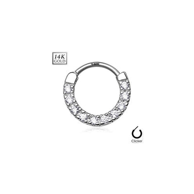 14K Solid Gold Septum Clicker with Ten Paved CZ Gems Daith Helix Rook 14G 8MM