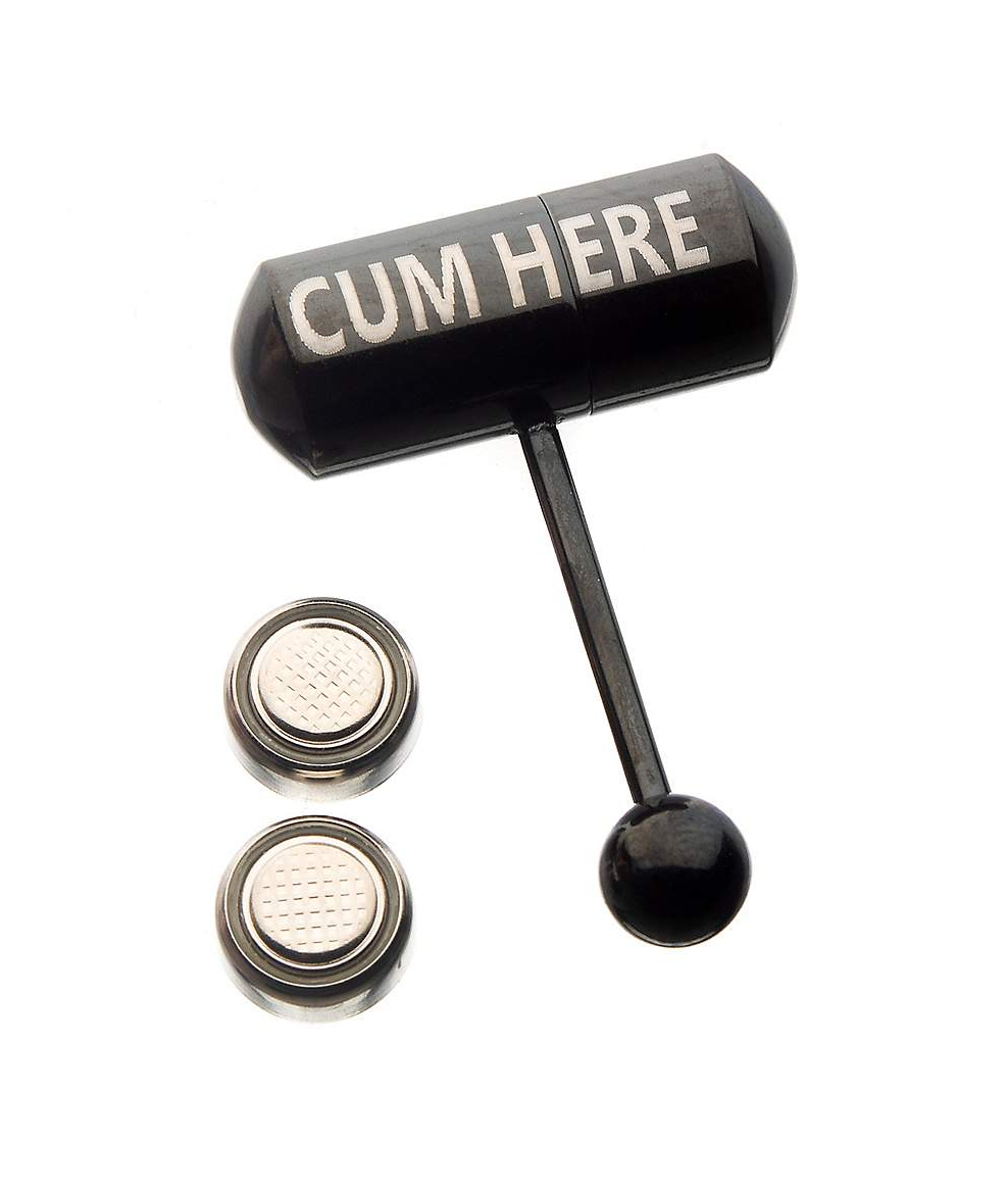 Vibrating Barbell Tongue ring 14 Gauge Ion plated Black Cum Here Logo