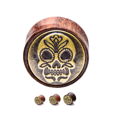 Pair of Wood & Brass Saddle-Fit Double Flare Sugar Skull Organic Wood Ear Plugs