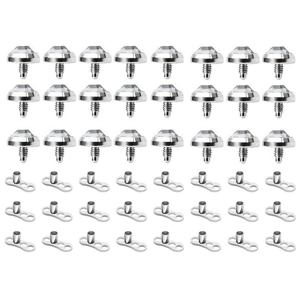 24 Dermal Anchor Tops 4mm Flat Clear Cubic Zirconia and 24 Dermal Bases - 48 pcs