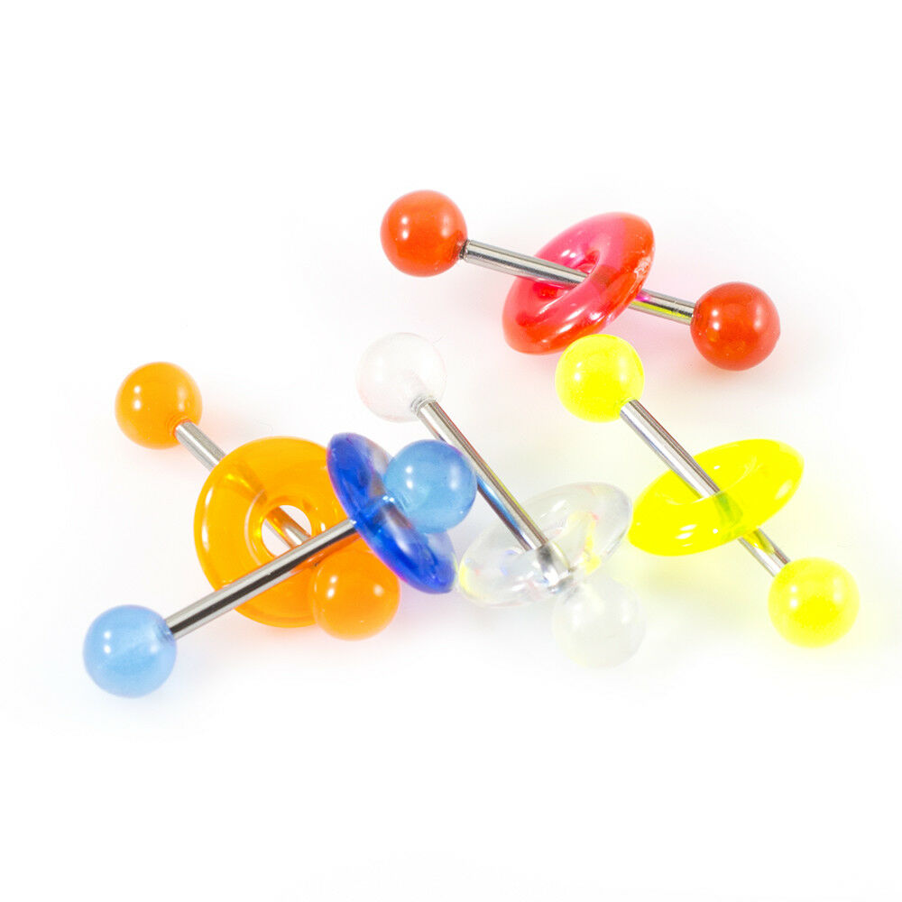 Pack of 5 316L Tongue Straight Barbell ,Color Acrylic Balls & Color doughnut 14G