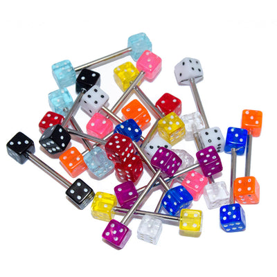 Lot of 20 Tongue Piercing Barbells 14G Surgical Steel Barbell Acrylic Dice Ends