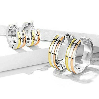 Pair of Hoop Earrings Triple Dome 3-Tone Stainless Steel Hinge Action 20g