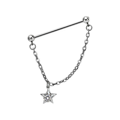 Ear industrial barbell 14g/1.6mm with a 5mm press fit gem ball and a 5mm steel ball linked with a chain with a star and a cubic zirconia dangling part
