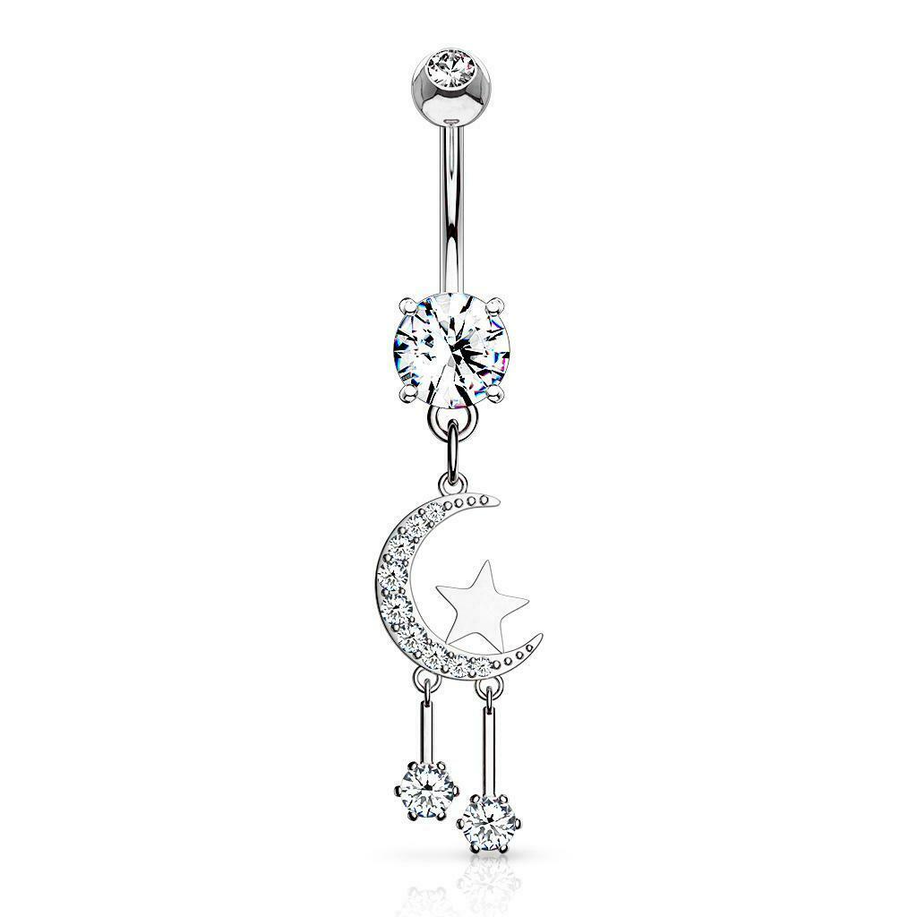 Navel Rings with Paved Crescent Moon and Star with Round CZ Dangle Design 14g