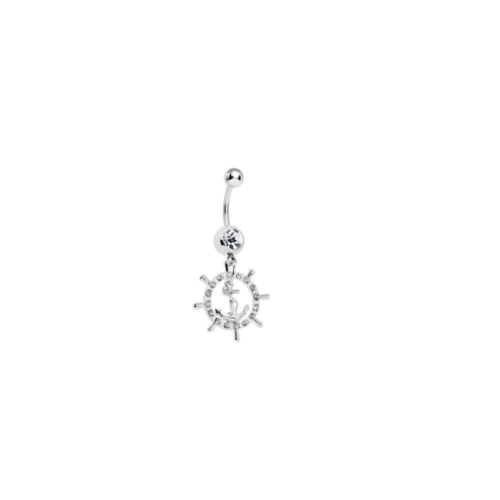 Nautical Belly Button Ring Ship's Wheel With Clear Jewel 14 Gauge