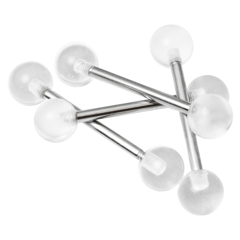 4 Pack Tongue and Nipple Barbells with Clear Acrylic Balls 316L Surgical Steel