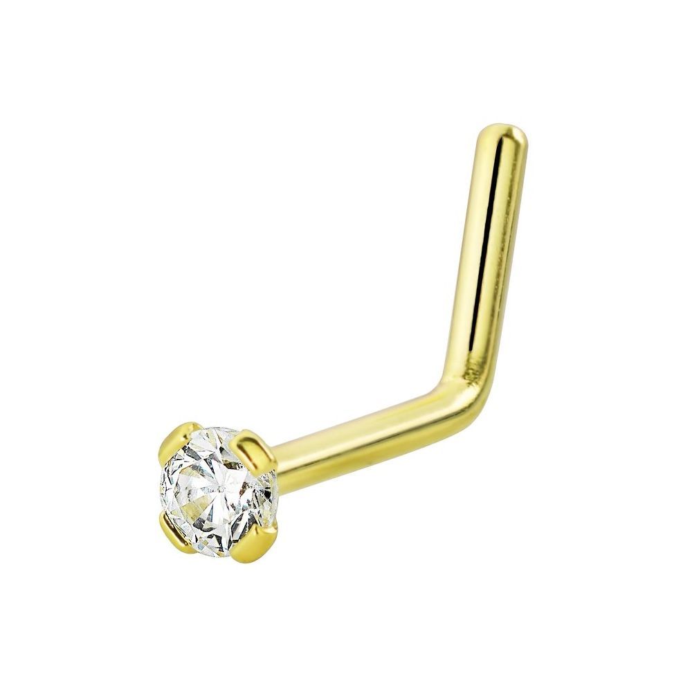 Solid 14K Gold L-Shaped Nose Ring with CZ Gem