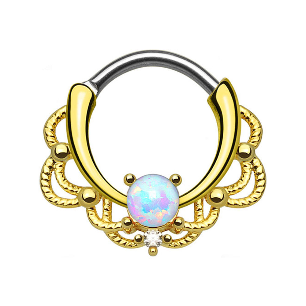 Septum Piercing Clicker - Gold Lace Single Opalite w/CZ Gem - 16ga - Sold Each