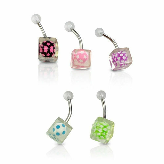 Belly Rings Surgical Steel Barbells with Acrylic Transparent Ball in Cube Assort