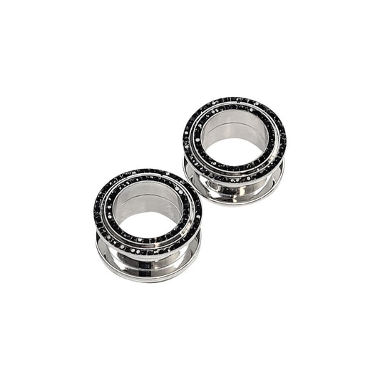 Pair of Screw Fit Ear Plugs Gauges with Double Row of Black CZ Jewels