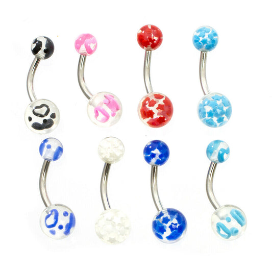 Belly Button Ring Pack of 8 with stars and heart Designs 14g