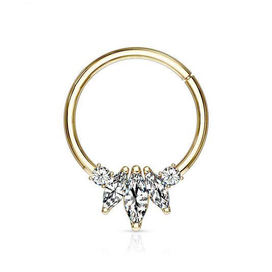 Septum Hinged Hoop Ring with Three Marquise CZ Design 14Kt Gold
