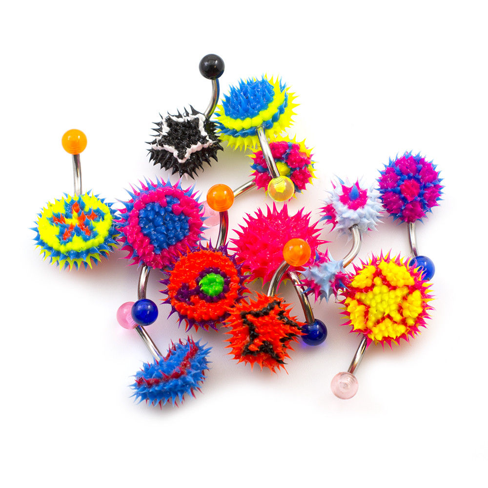Belly Button Ring Package of 12 with Random Silicone Spike Design
