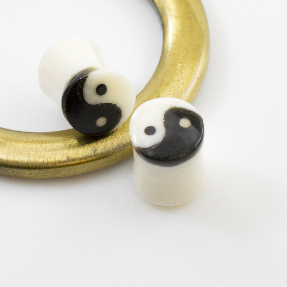 Pair of Ear Plugs made of Organic Horn Bone with Yin Yang Symbol Design