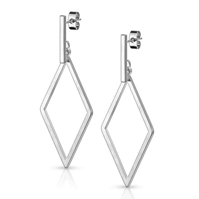 Pair of Stainless Steel Earrings with Square Bar and Diamond Shape Dangle 20g