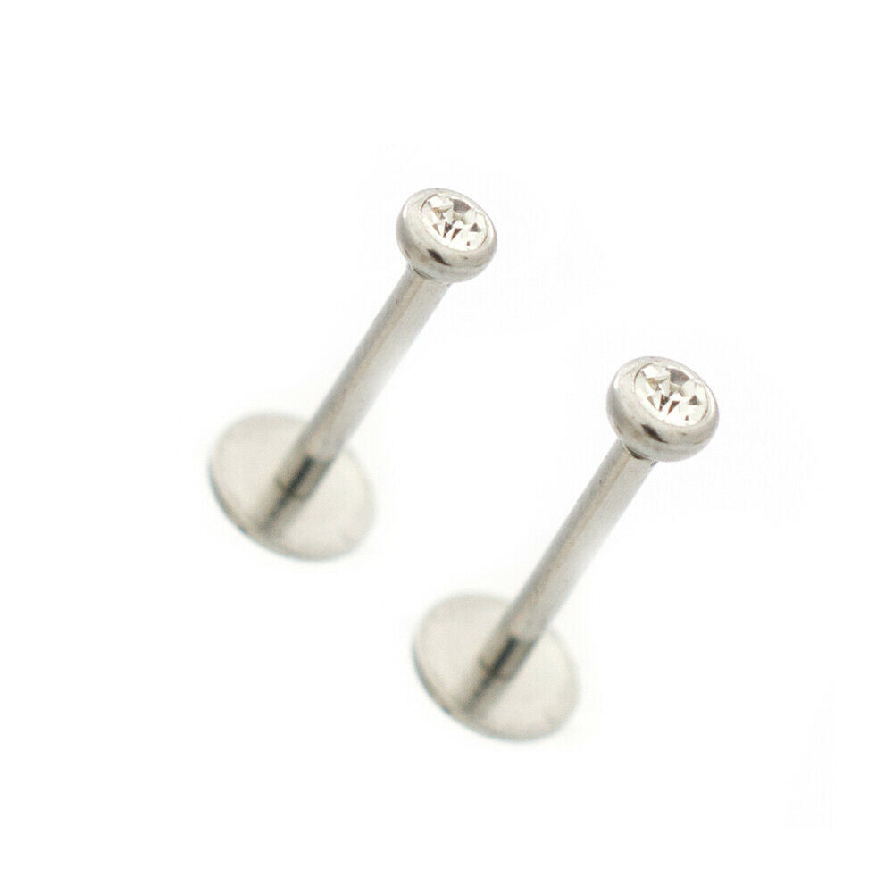 Pair of Push in Labrets with Clear round Cubic Zirconia Stone 18g
