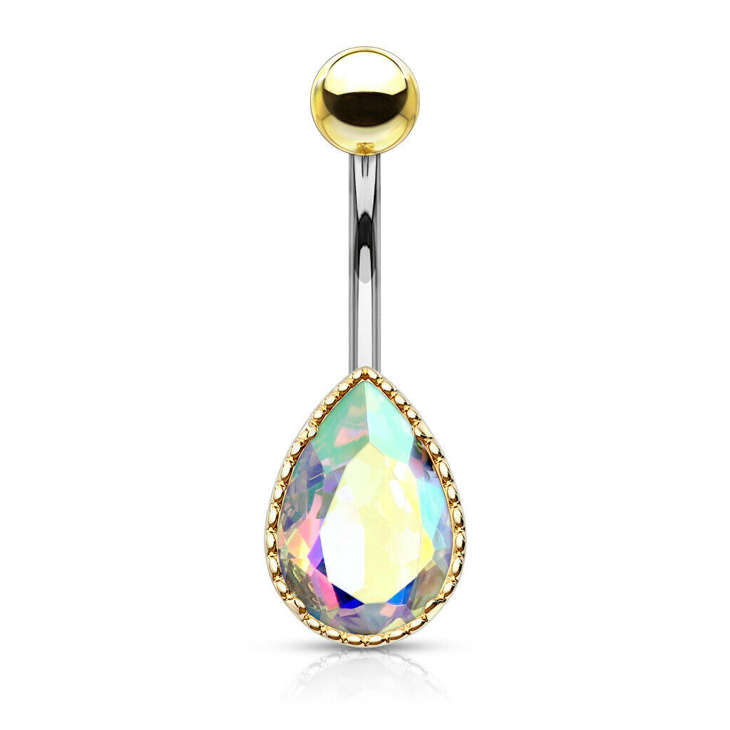 Belly Button Ring with AB Effect Tear Drop Glass Stone 14ga Surgical Steel