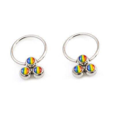 Nipple Ring Package of two Captive Ring Rainbow Design and two Barbells with Cz