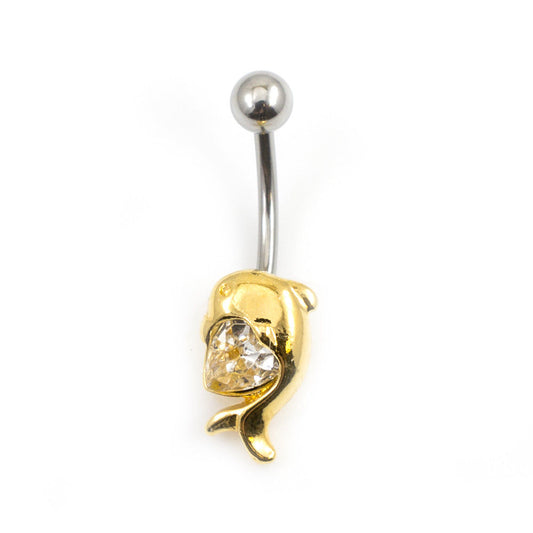 Belly Button Ring with Dolphin and Heart Cubic Zirconia Design 14g