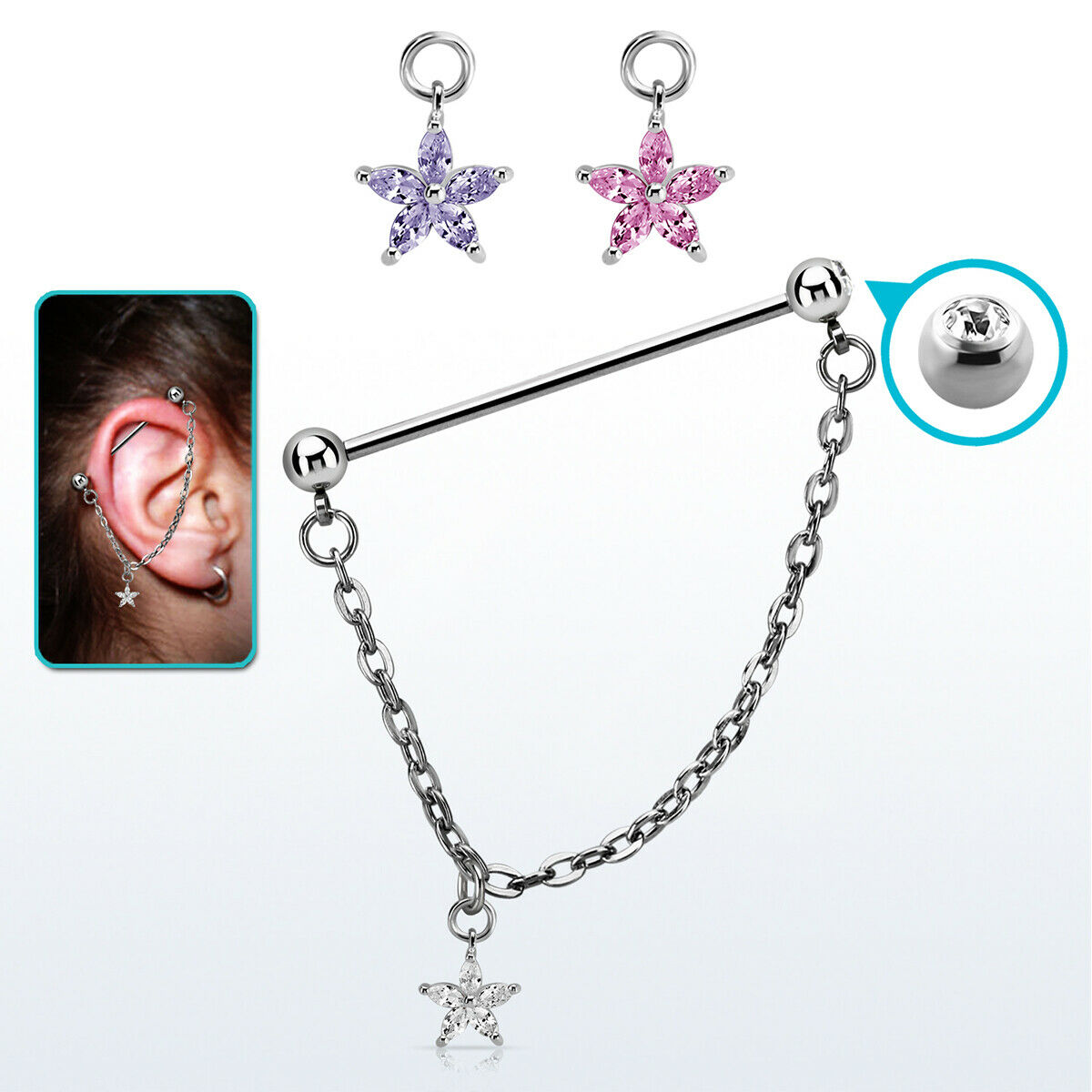 Ear industrial barbell 14g/1.6mm with a 5mm press fit gem ball and a 5mm steel ball linked with a chain with cubic zirconia stones in a star shape dangling part