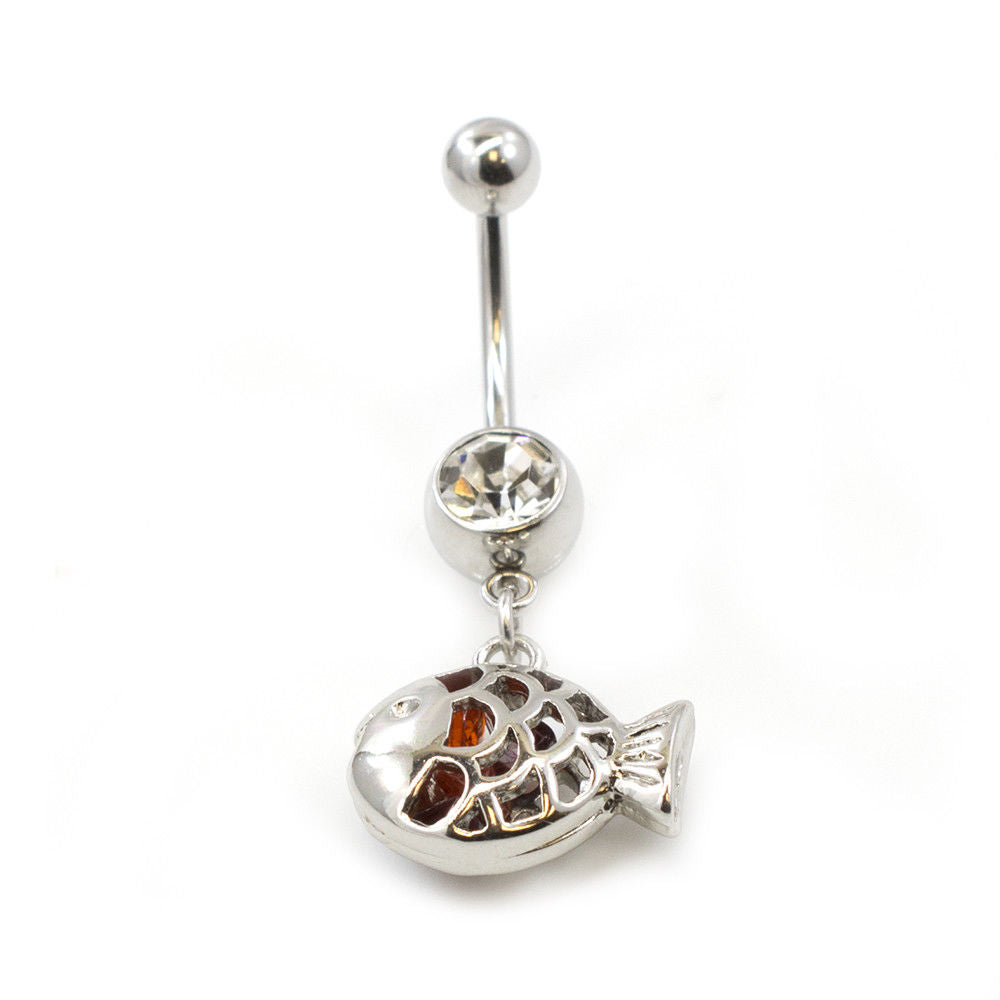 Navel Ring With Filigree Fish Design and Clear CZ Jewel 14G
