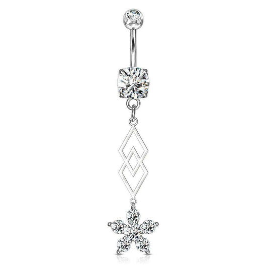 Belly Button Ring with Six CZ Flower  Dangle Surgical Steel 14g