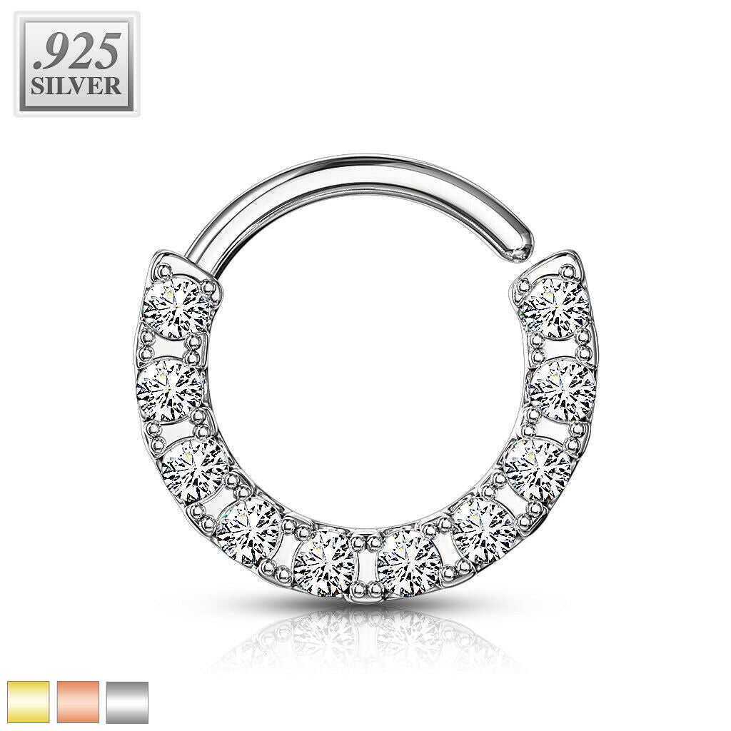 Septum Cartilage Hoop Bendable Ring With 10 Lined CZ Sterling Silver 16ga