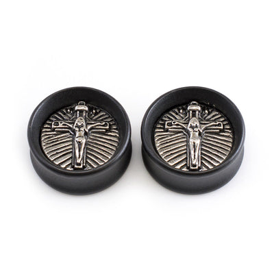 Ear Plugs Made of Organic Black Ebony Wood with Christ Crucified Design