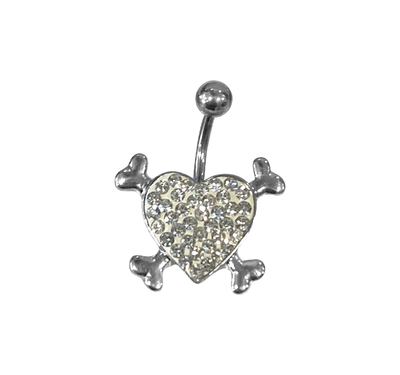 Belly ring naval ring heart with bones surgical steel with paved jewels 14 gauge