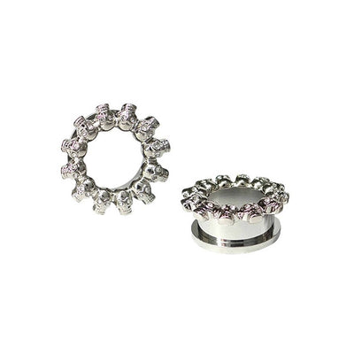 Pair of Ear Plugs Screw Fit Skull Heads with CZ Gem Eyes