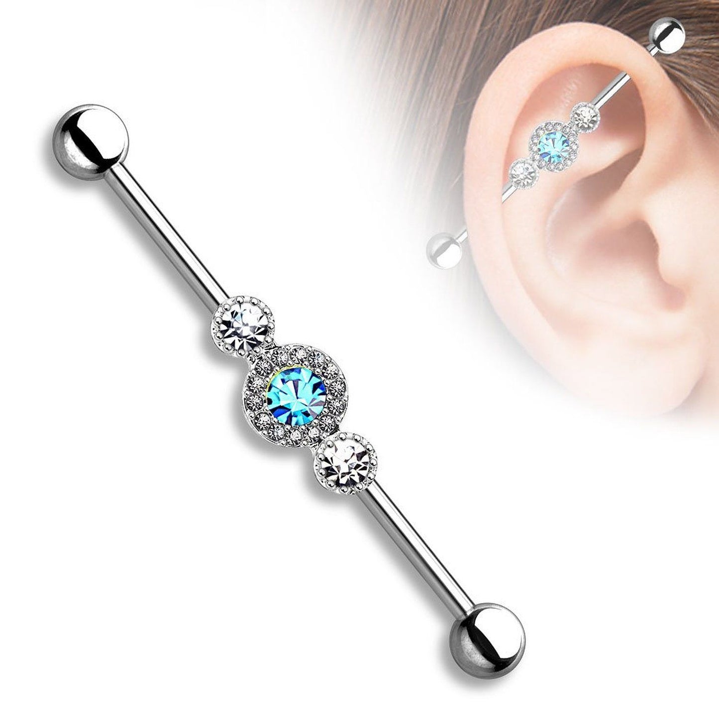 Industrial Barbell Three CZ Centered Multi Paved Circle 14ga 316L Surgical Steel