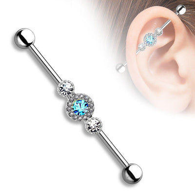 Industrial Barbell Three CZ Centered Multi Paved Circle 14ga 316L Surgical Steel