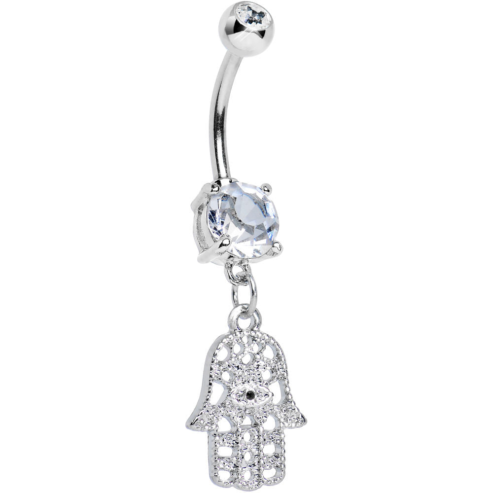 14ga Hamsa Dangling Belly Navel Ring with Large Prong-Set CZ - Silver or Gold