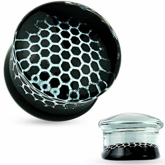 Honeycomb Black Pyrex Glass Double Flared Plugs 2 Gauge to 5/8in - Sold as Pair