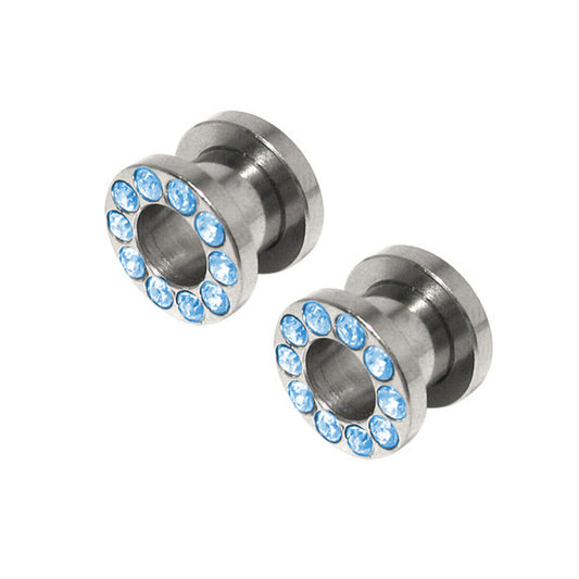 Pair of Surgical Steel Screw Fit Ear Plug Gauges with Light Blue CZ Gems