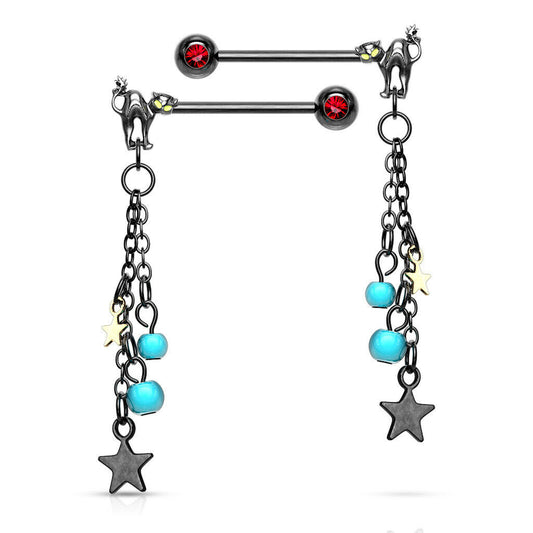 Pair of Nipple Barbell Rings Cat with Turquoise Beads and Star Dangle Design