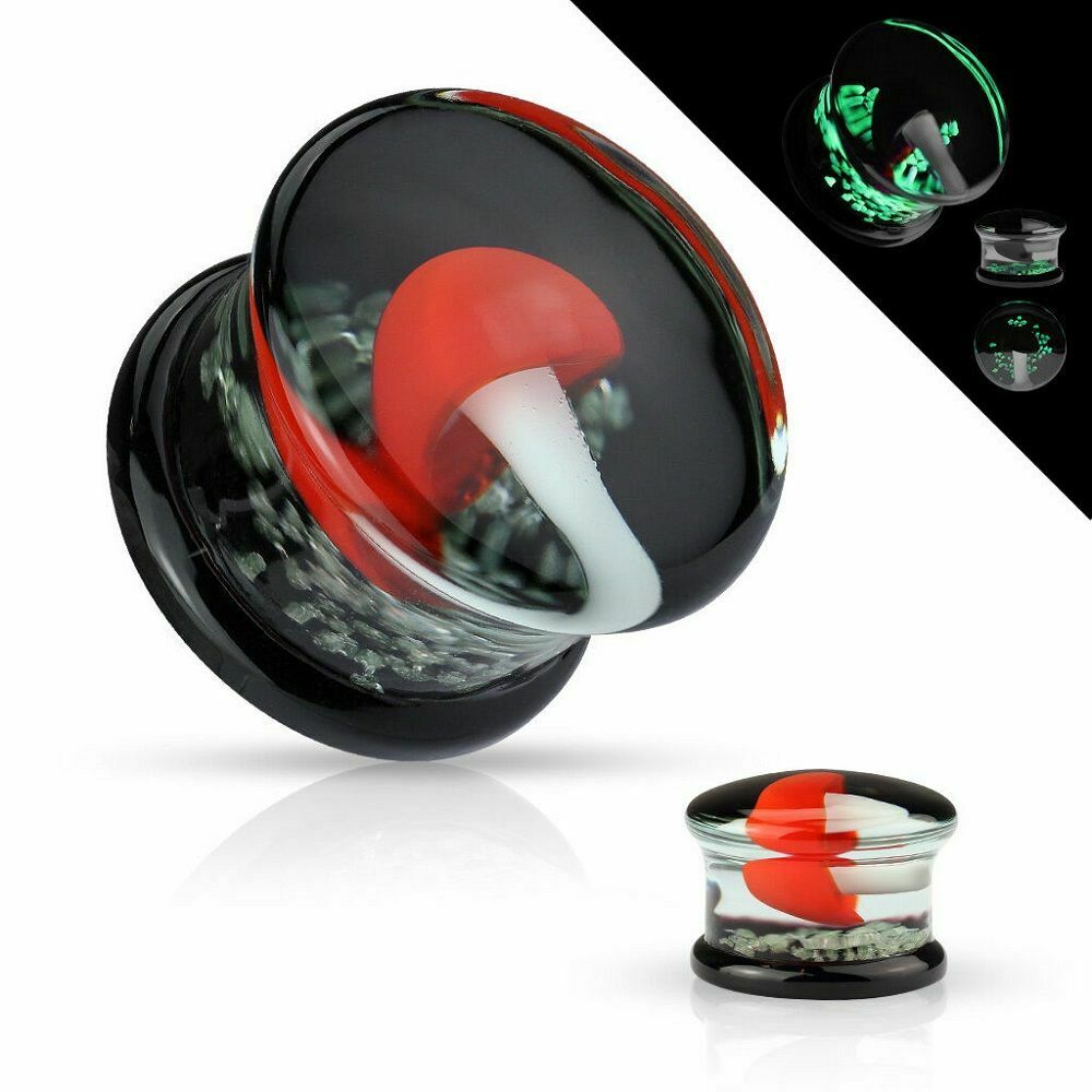 Glow in the Dark Mushroom Black Pyrex Glass Double Flare Plugs - Sold as Pair