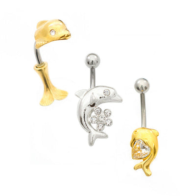 Belly Button Ring Pack of 3 with Dolphin Design 14g